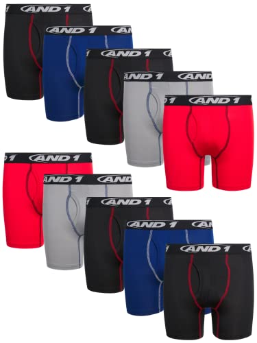 And1 Boys' Underwear Performance Compression Boxer Briefs, Functional Fly (10 Pack), Size X-Large, Red/Grey/Blue/Black #TOP25