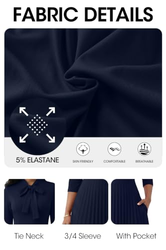 Image of FANDEE Maxi Dress for Women Formal 3 /4 Sleeve Pleated Empire Long Dress Semi Formal Tie Neck Office Work Dresses