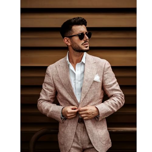 UNINUKOO Linen Suit for Men Summer Wedding 2 Piece Suit Set Peak Lapel Casual Blazer Pants Beach Wear for Men4
