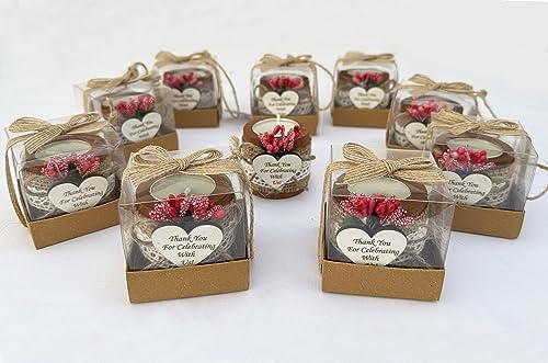 wedding favor, Pack of 10 Wood Tealight Candle Holder, Bridal Shower, Thank You Gifts, Wedding Party Favors for Guests, Wooden Cylinder Candle Holders for Table Centerpiece (DARK BROWN- RED FLOWERS)