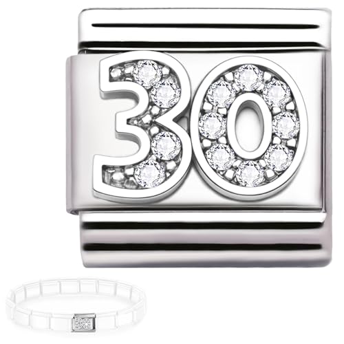 Andska Number Birthday CHARM Fit Italian Style Link Bracelet 9 mm Stainless Steel Classic Stretch Modular Bracelets Compatible with Italian bracelet 16 18 21 30 40 50 60 70 (Charm 30)