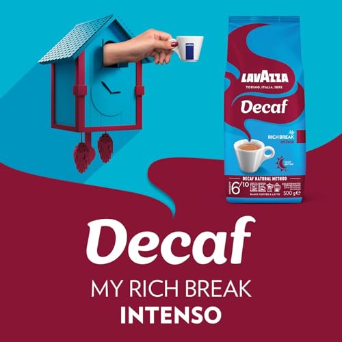 Lavazza, Decaf „My Rich Break“ Intenso, kávová zrna bez kofeinu, ideální pro cappuccino, s aromatickými tóny tabáku a dřeva, Arabica a Robusta, intenzita 6/10, středně tmavý stupeň pražení, 500 g