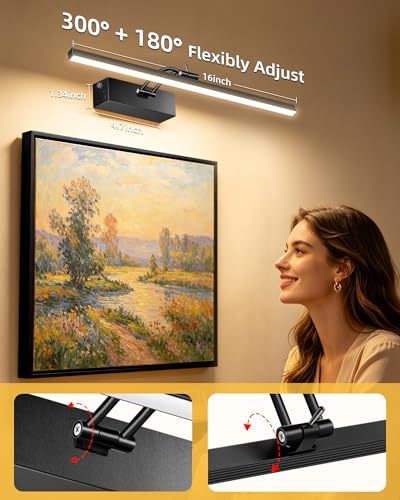 Image of 16inch Picture Lights for Wall, 5200mAh Battery Operated Art Light with Remote, 6 Color Temperature, Dimmable Metal Lights for Pictures On Wall for Living Room Bedroom Hallways Black 2 Pack