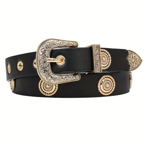 Women’S Studded PU Leather Belt Western Punk Style 2.3Cm Wide Casual Waistband For Dresses Pants Jeans2