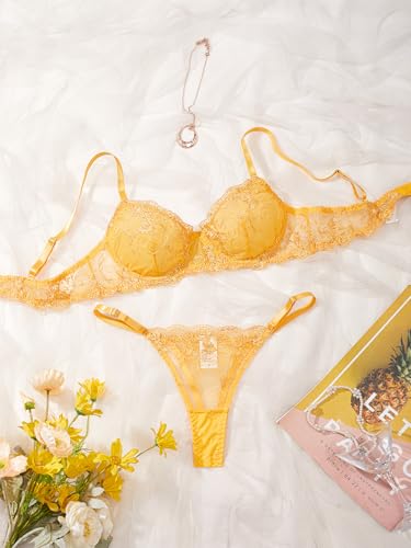 Image of Sexy Floral Embroidered Flower Mesh Underwire Push Up Lingerie Set