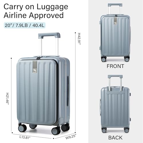 Image of Hanke Carry On Luggage Hardside Suitcase with Wheels & Front Opening, 20in 24in 26in Large Luggage Aluminum Frame PC Rolling Suitcases Travel Bag TSA Lock, Grey(with laptop compartment), 20 Inch, 20 Inch Carry on Luggage Hard Shell Suitcases With Wheels