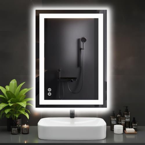 DUMOS 24.1'x32.1' LED Bathroom Mirror, Smart Anti-Fog Bathroom Vanity Mirror with Front Light & Backlit, 3 Color Temperatures, Dimmable, Memory Function