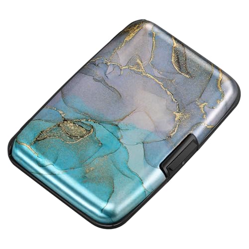 Image of ELFISH Mini RFID Aluminum Wallet Credit Cards Holder Business Card Case Metal ID Case for Men Women, Blue Purple Marble, small, Compact