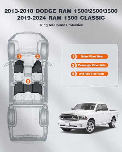 Image of Floor Mats for Dodge RAM 1500 2500 3500 Crew Cab 2013-2018 & RAM 1500 Classic 2024 2023-2019 Crew Cab, 4 Full Size Doors Custom Fit TPE All Weather Liners, Heavy Duty Anti-Slip Truck Mats