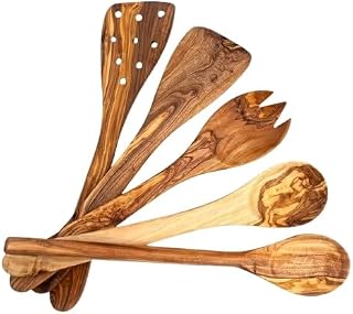 EMNA - 5 piece kitchen utensil set approx. 30 cm, luxury olive wood cooking spoon, flat turner and slotted spatula, salad cutlery, for kitchen lovers,