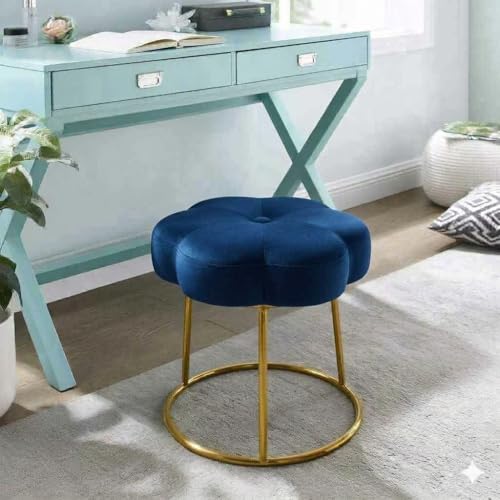 Image of Flower Ottoman Foot Stool for Bedroom and Living Room, Round Makeup Vanity Chair with Metal Legs and Soft Padded Seat-Blue