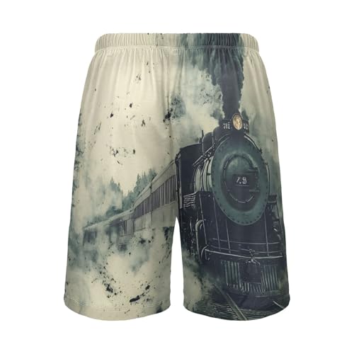 Mens Sleep Shorts Vintage Train Painting, Elastic Pajama Pants Sleepwear with Pockets S2