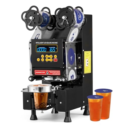 VINGLI Cup Sealing Machine, Full Automatic Electric Boba Cup Sealing Machine 500-650 Cups/H, Cup Sealer Machine with LCD Digital Controls, 88/89/90/95 mm Cup for Bubble Milk Tea Coffee, Black