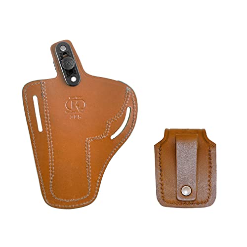 Koltster 357 Magnum Holster, 2 Slot Pancake Owb Leather Gun Holster Thumb Break Handmade! (Brown - Single Magazine Pouch) #TOP1