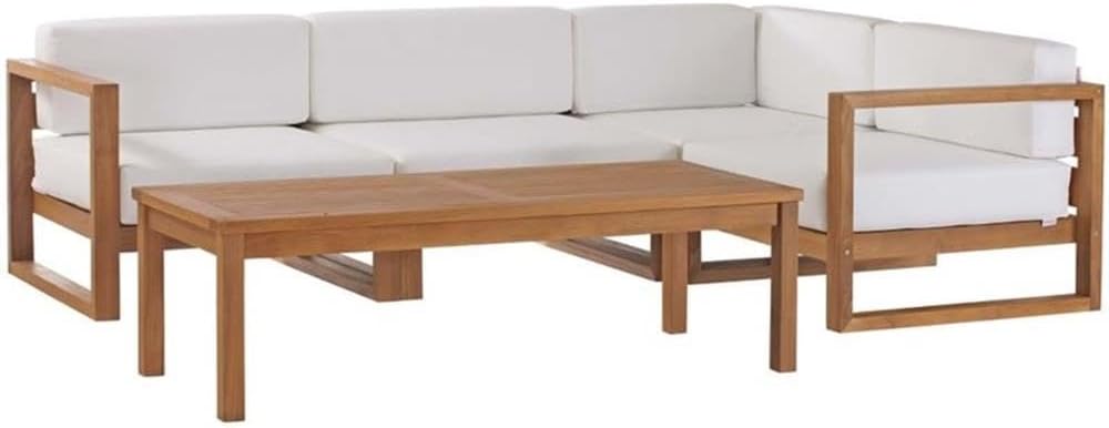 Pemberly Row 5-Piece Teak Wood Outdoor Patio Sectional Sofa Set, Natural and White Finish, Modular Design, Water/UV Resistant Cushions, Coffee Table Included, Ideal for Backyard, Balcony, or Poolside