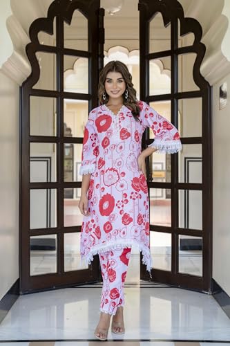 Image of LookMark Women Printed Cotton Blend Straight Kurta Pant Set with Lace - Comfortable Ethnic Wear for Women, Elegant Design, Suitable for Various Occasions