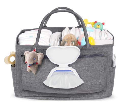 Volnamal Diaper Caddy with Wipe Dispenser One-Handed Access Premium Diaper Organizer Portable Car Organizer Nursery Basket for Newborn Essentials Baby Registry Must Haves for Boys & Girls Grey