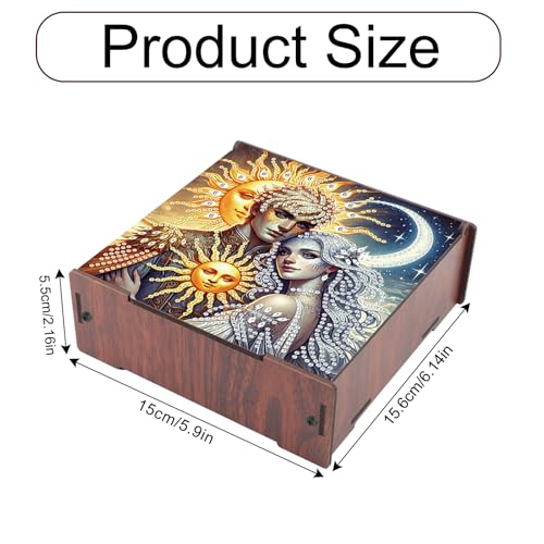 Image of DIY Diamond Art Storage Box, Sun & Moon Deity Design Wooden Diamond Painting Case with Flip-Top Lid and 4 Divided Compartments, Desktop Craft, Jewelry and Accessories Supplies Storage Container
