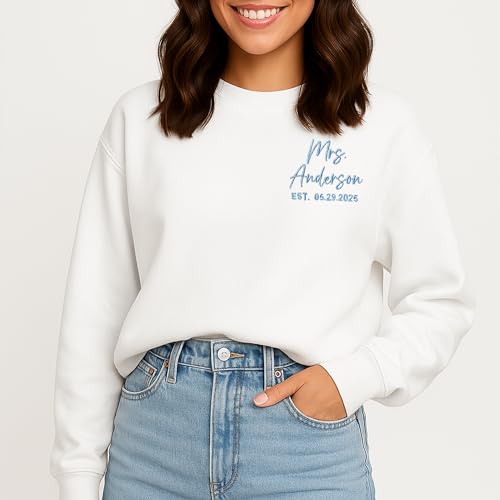 NAZENTI Personalized Embroidered Bride Sweatshirt, Mrs. Shirts Gifts, Bridesmaid Tshirt, Bridal Shower, Bachelorette, Wedding3