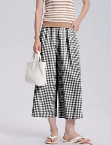 Flygo Women’s Wide Leg Gingham Capri Pants Cotton Elastic Waisted Plaid Palazzo Bottoms Flowy Trousers with Pockets3