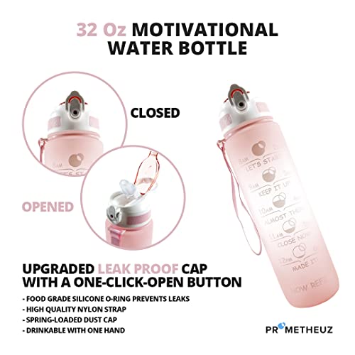 Prometheuz 32Oz Water Bottle With Straw, Motivational Water Bottle With Time Marker, Water Bottles Leakproof & Bpa-Free For Sports, Work And Fitness Light Pink-Dark Pink #TOP2