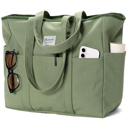 Oceanae Extra Large Canvas Tote with Zipper for Women Men Gifts, Beach Travel Totes Daily, Utility Work Bag, Sage Green