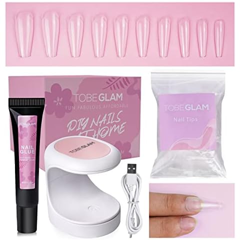 TOBEGLAM Nail Tips and Glue Gel Kit, 500 Pcs False Nails Tips with Solid Nail Glue for Press on Nail Tips, 10 Sizes Clear Coffin Nail Tips with Mini Nail Lamp DIY Easy Nail Extension Kit Cover