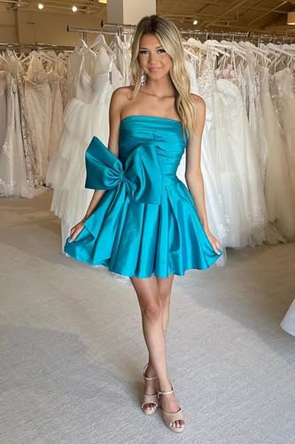 Strapless Short Homecoming Dresses for Teens Ruched Bodice A Line Corset Back Satin Wedding Dress with Big Bow3