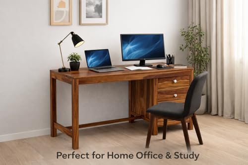 Image of Solid Sheesham Wood Study Table /Office Desk with 3 Drawers - 53 Inch Wooden Computer Table for Home Office & Students (Honey Finish)