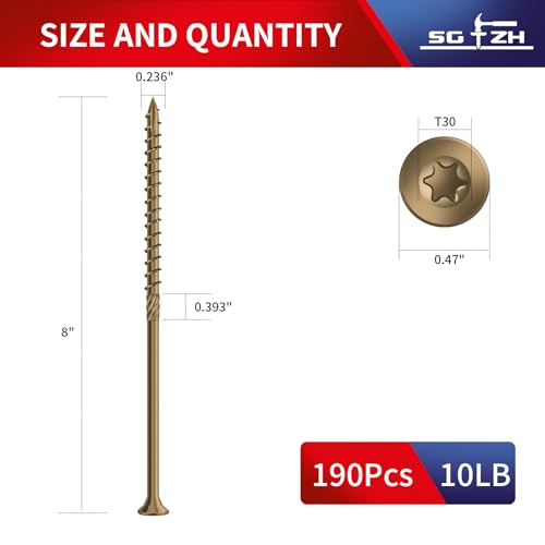 Image of #14 x 8 Inch Deck Screws (190Pcs) 10lb. Carbon Steel, Yellow, Flat Head, Rust Resistant epoxy Coated, with T30 Star Bit
