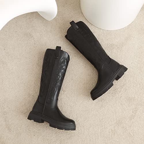 Sun Gurg Women's Platform Knee High Boots Embroidered Western Chunky Heel With Pull-Up Tabs Round Toe Boot Shoes Us 11 #TOP1
