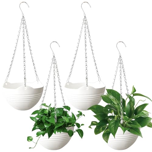 Srmayyi 4 Pack 8 inch Plastic Self Watering Hanging Planters,Round Hanging Basket Planter with Drainer and Metal Chain,White Garden Flower Plant Pot Container for Indoor Outdoor Plants