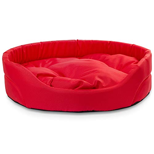 BOUTIQUE ZOO Hundebett | Oval Hundekissen für Kleine Hunde oder Katzen | Kratzfest Hundeliege mit Kissen | Hundekorb | Waschbar Polyester | Große: S (46x40 cm) | Farbe: Rot