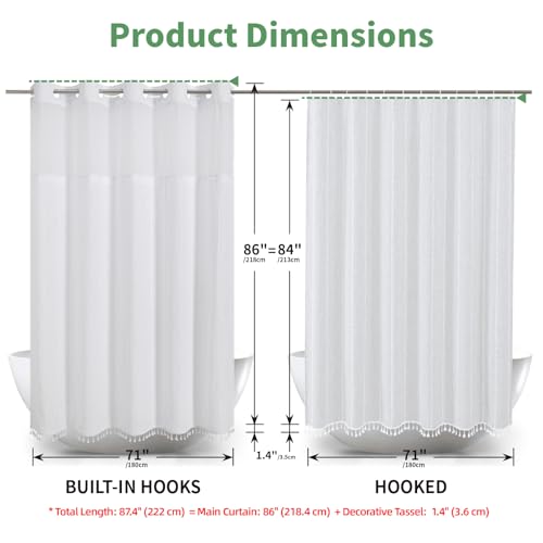 eachope No Hook Extra Long Shower Curtain Set with Snap-in Liner,Linen Textured Thick Striped Fabric with Tassels,Boho Chic Modern Farmhouse Bathroom Curtain,Water-Repellent,White,71x86 by eachope - Image 7