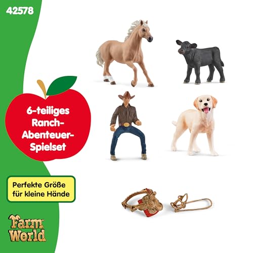 SCHLEICH Farm World | Westernreiten 42578 | Bauernhof Set mit Cowboy, Pferd, Kuh und Hund sowie Zaumzeug & Sattel | Western Rodeo Zubehör | Bauernhof Spielzeug ab 3 Jahre Set aus 6 Teilen