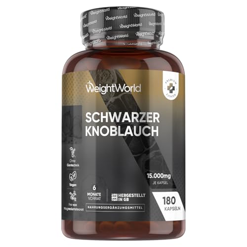 Schwarzer Knoblauch 100:1-15000mg Knoblauch Extrakt pro Portion - Allium Sativum - 180 Veganes Kapseln - 6 Monate Vorrat - Black Garlic - Frei von Magnesiumstearat - 1 Kapsel täglich - WeightWorld