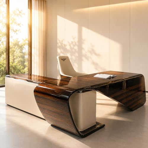 Image of Executive CEO Director Desk - Marble Finish L-Shaped Office Table with PU Leather Inlay & Integrated Side Storage (LDL-786 MDFL L6W3)