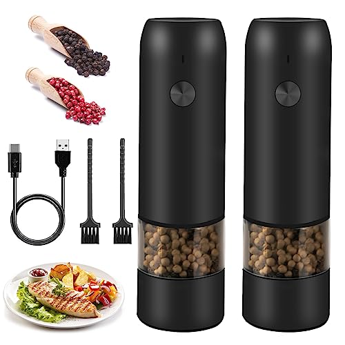 Braoses Molinillo de pimienta eléctrico de sal y pimienta, recargable, molinillo de especias, funcionamiento automático con luz LED, 2 unidades, manejo con una sola mano
