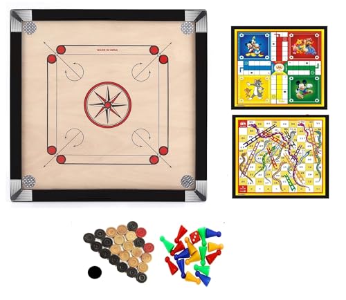 Image of MS Priminum Matte Finish Wooden Carrom Board for Kids & Adults with Coins Striker and Boric Powder (Full 32 * 32 with Ludo Snake)
