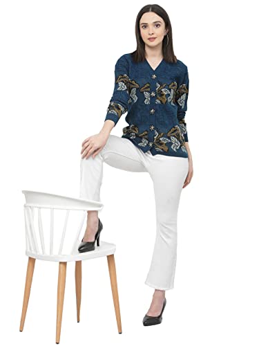Image of Kalt Women Sweater for Winter Woolen Acrylic Full Sleeves V Neck Floral Design Cardigan Sweater for Women