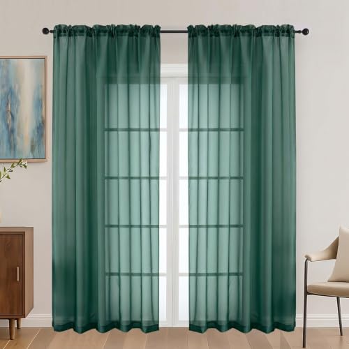 Image of Hunter Green Sheer Curtains 72 Inches Long 2 Panels Set, Light Filtering Sheer Curtains for Living Room Bedroom 59 Inch Extra Wide, Modern Voile Filmy Rod Pocket Window Drapes, 59Wx72L Inches