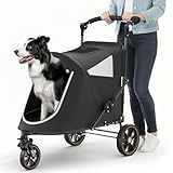 MoNiBloom Pet Stroller for Large Dogs or Multiple Dogs Cats with Adjustable Handle, 3-Wheels Dual Entry Portable Dog Carting Easy Folding Pet Wagon Double Dog Stroller up to 55 lbs, Black
