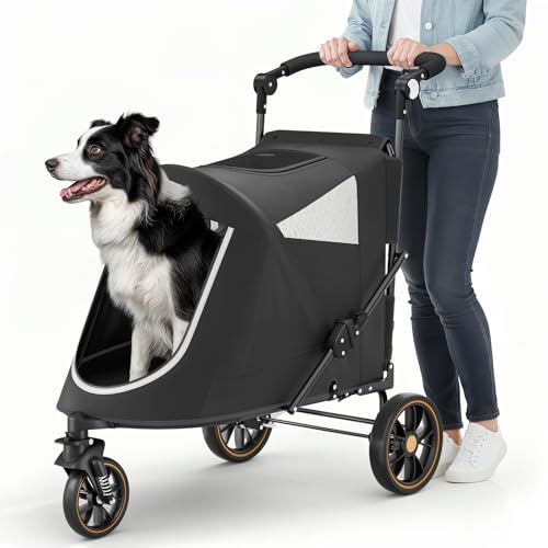 MoNiBloom Pet Stroller for Large Dogs or Multiple Dogs Cats with Adjustable Handle, 3-Wheels Dual Entry Portable Dog Carting Easy Folding Pet Wagon Double Dog Stroller up to 55 lbs, Black