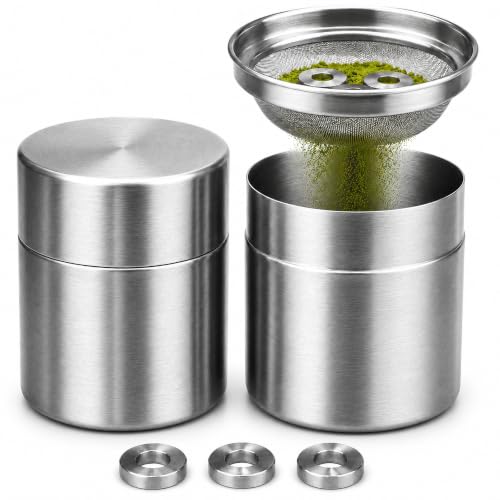 Xuronex 2-Pack Matcha Powder Sifter and Storage Tin Set Stainless Steel Matcha Shaker Canisters with Agitator Rings Tea Powder Organizer for Matcha Latte Kitchen Tea Bar and Coffee Station