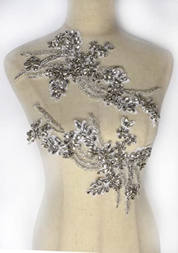 La Belleza 1 Pair Hand-Made Beaded Rhinestons Diy Clothing Appliques Patch,12.8" *6" Wedding Dress Decoration,Gold/Silver/Red/Black Flower Applique By Pair (Silver-B) #TOP2