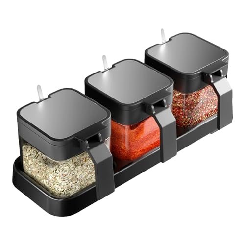 AOWVUTS Juego de 3 Tarros para Especias con Bandeja Botes Especias Cristal Tarros de Especias con Cuchara y Tapa Contenedor de Almacenamiento para Azúcar Sal Utensilios de Cocina