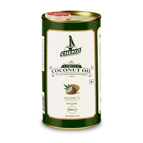 Image of Chekko Cold Pressed Virgin Coconut Oil 500ml | 100% Pure Natural Wood Pressed | Unrefined Virgin Edible Coconut Oil for Cooking, Baking, Massage, Hair & Skin Care | Premium Food-Grade Metal Tin Pack