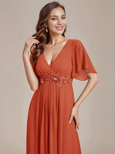 Image of Ever-Pretty Women's Spring Short Sleeve Bridesmaid Dresses V-Neck Chiffon Ruched Empire Waist Appliques Long Formal Dress