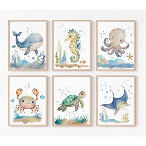Joocrise Nursery Sea Animal Wall Decor Set of 6 Ocean Watercolor Canvas Wall Art Baby Boys Room Wall Art Ocean Sea Animal Pictures Kids Girl Art...