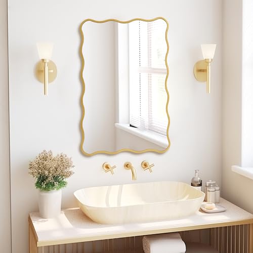 Image of Gold Wavy Bathroom 20x30 Rectangle Scalloped Farmhouse Wall Mirror